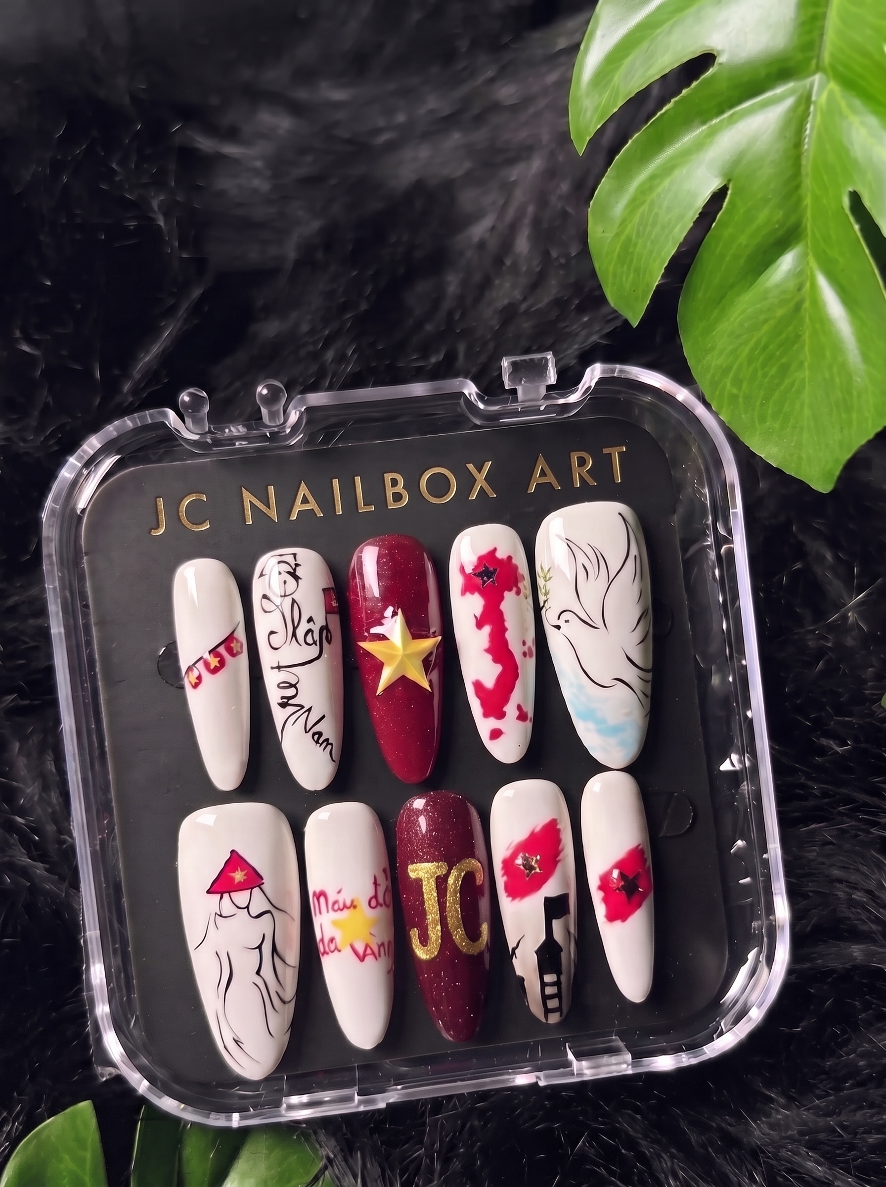 JC Nailbox Art Studio hand-painted press-on nail kit in its crystal case